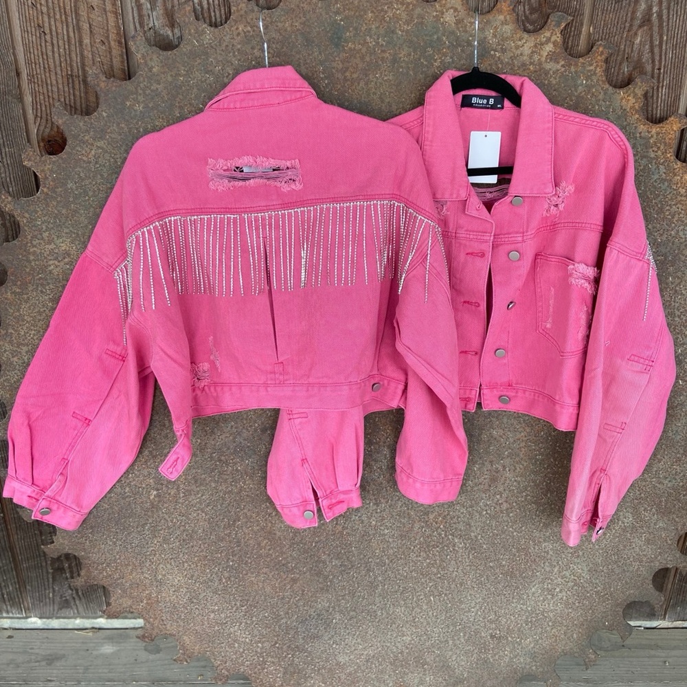 Pink Rhinestone Fringe Denim Jacket